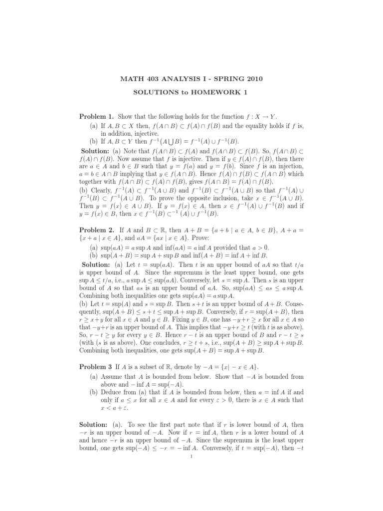 Math 403 Analysis I - Spring 2010 Solutions To Homework 1 | PDF ...