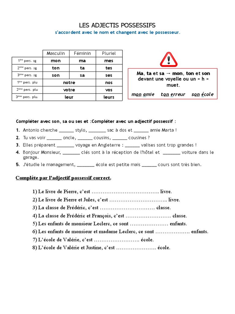 Les Adjectifs Possessifs Exercices Corrigés Les Adjectifs Possessifs | PDF | Échecs | Théorie (échecs)