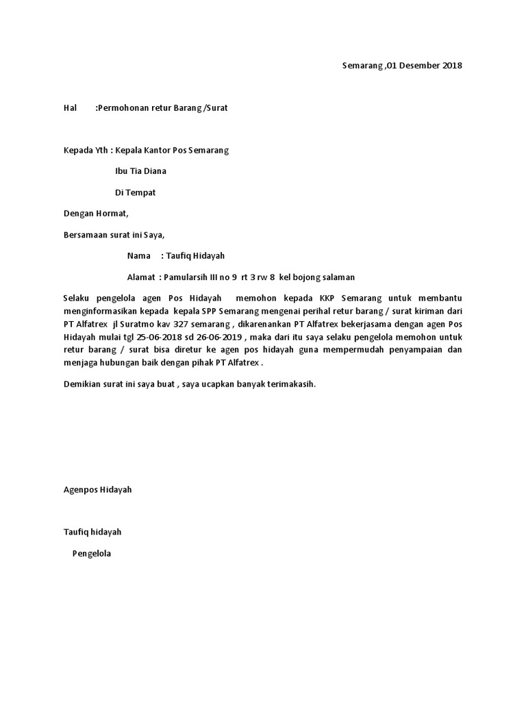 Surat Permohonan Retur Barang  PDF