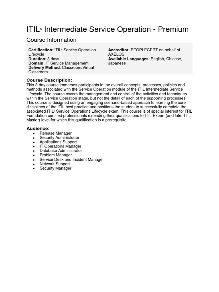 Itil Intermediate Service Operation Premium Course Information Pdf