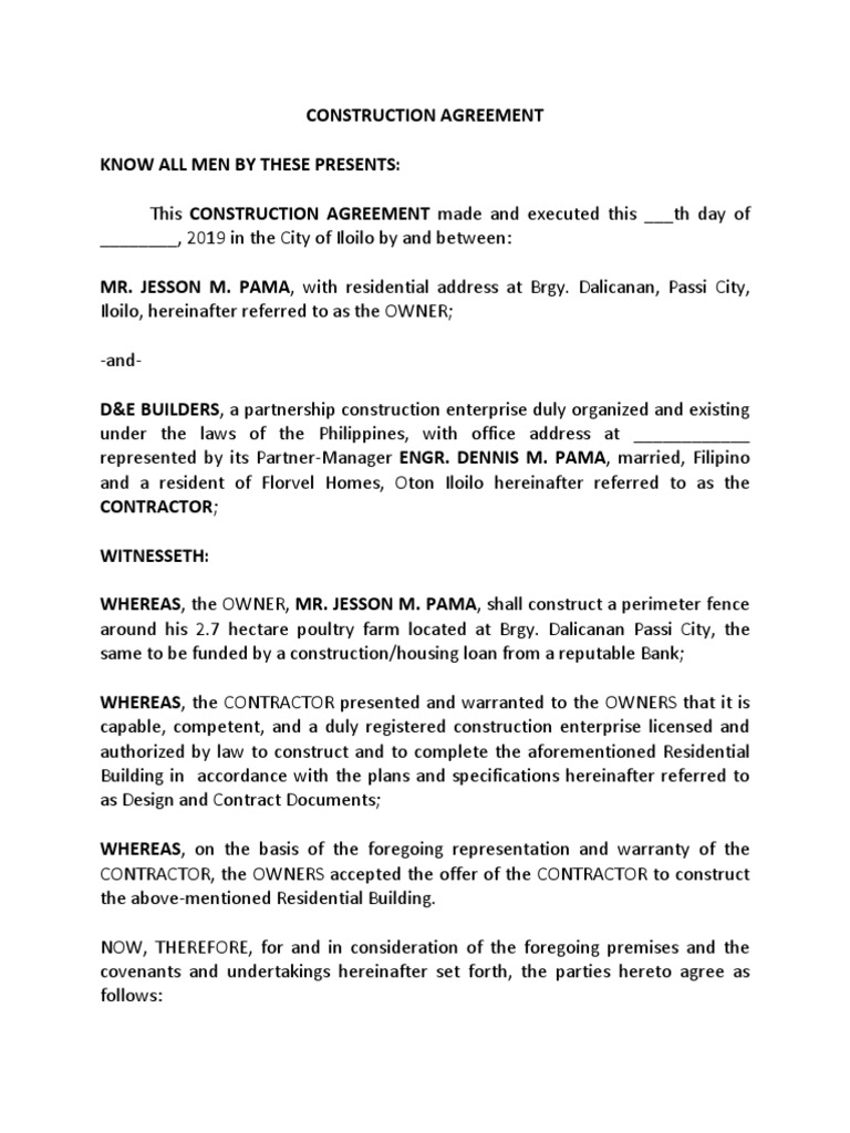 House Construction Agreement Template | PDF | Employment | Independent ...