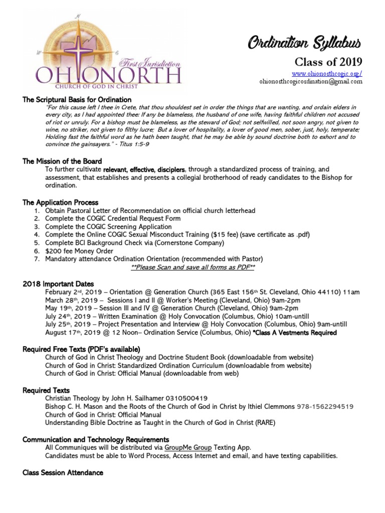 COGIC Ordination Syllabus 2019 | PDF | Christian Denomination | Ordination