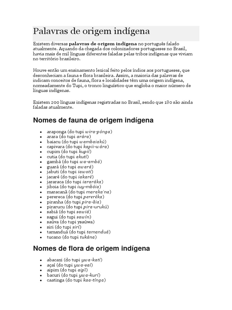 Palavras de Origem Indígena | Etnia | Brasil