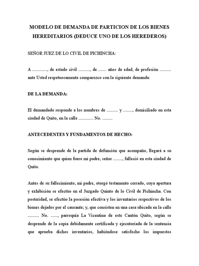 Modelo de Demanda de Particion de Los Bienes Hereditarios | PDF | Demanda  judicial | Caso de ley