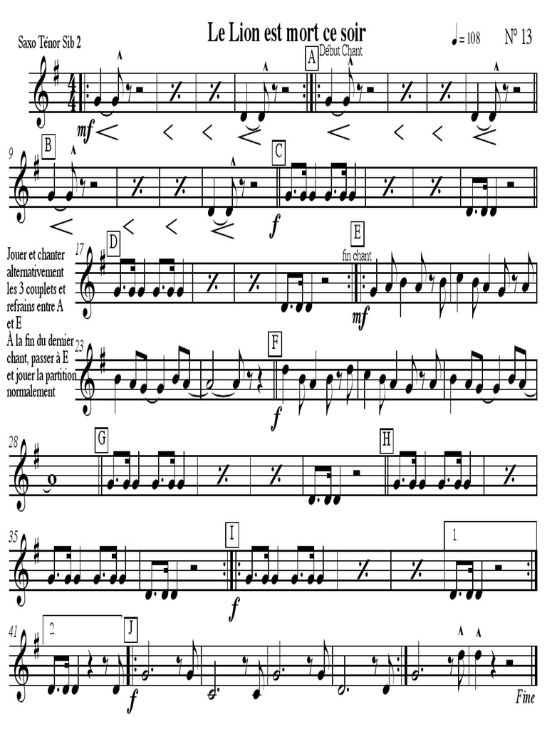 Le Lion Est Mort Ce Soir Partition Pdf 13 - Le Lion Est Mort Ce Soir - Saxo - Tenor - Sib - 2 | PDF