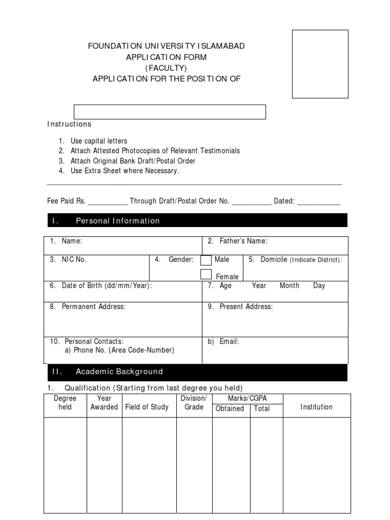 Faculty Application Form - Foundation University | PDF