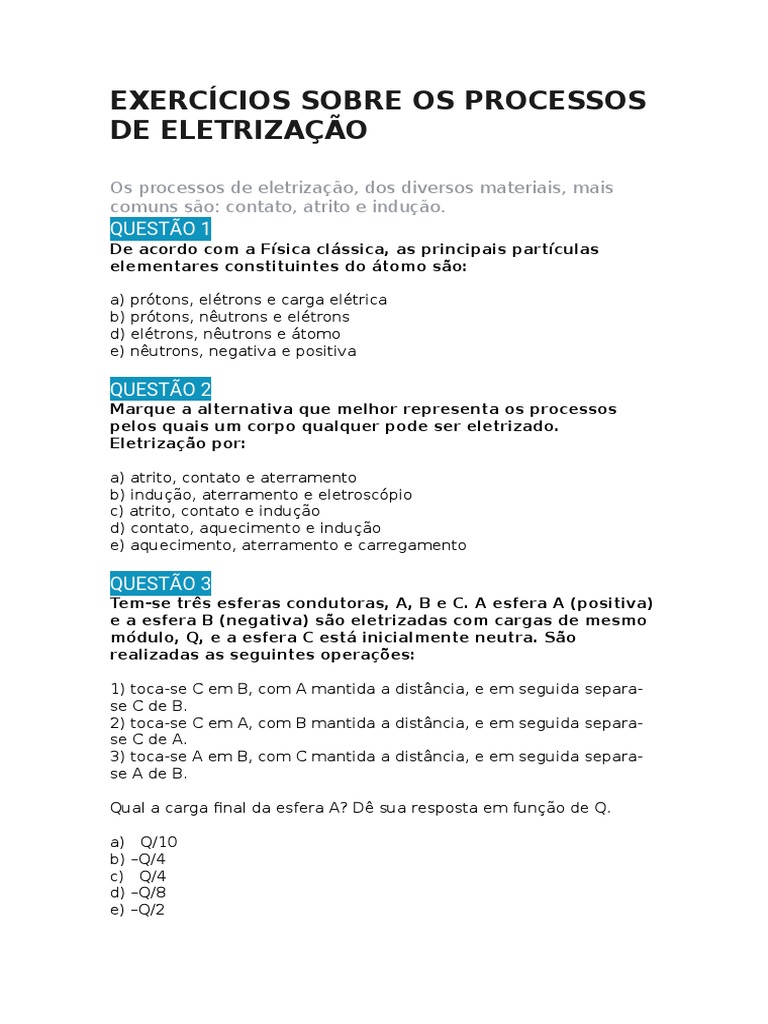 Exercícios sobre Eletrização 8º Ano | PDF | Carga elétrica | Eletricidade