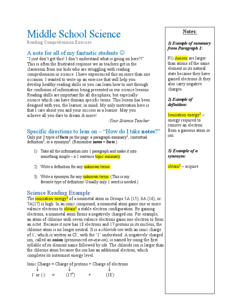 Middle School Science Reading Skills | PDF | Ion | Atomic Physics