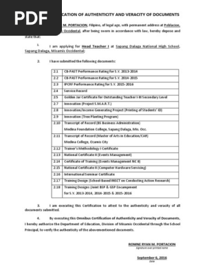 Omnibus Certification of Authenticity and Veracity of Documents