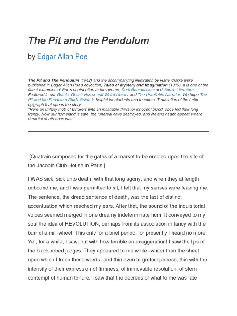 The Pit and The Pendulum PDF Nature Gothic Fiction