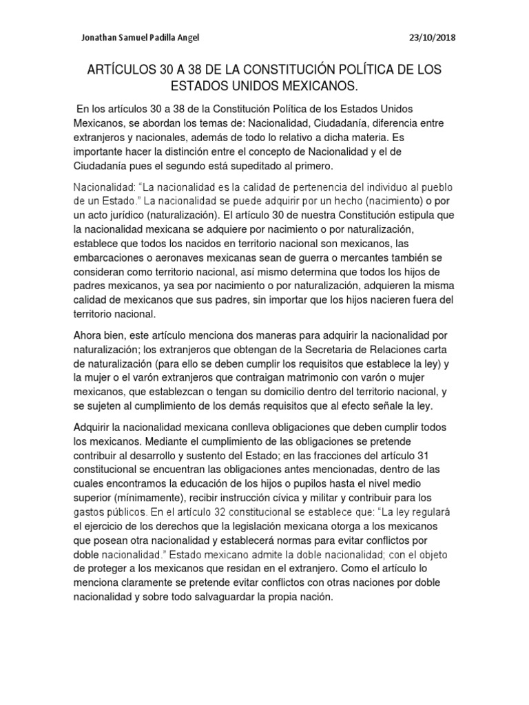 Artículos 30 a 38 de La Constitución Política de Los Estados Unidos ...