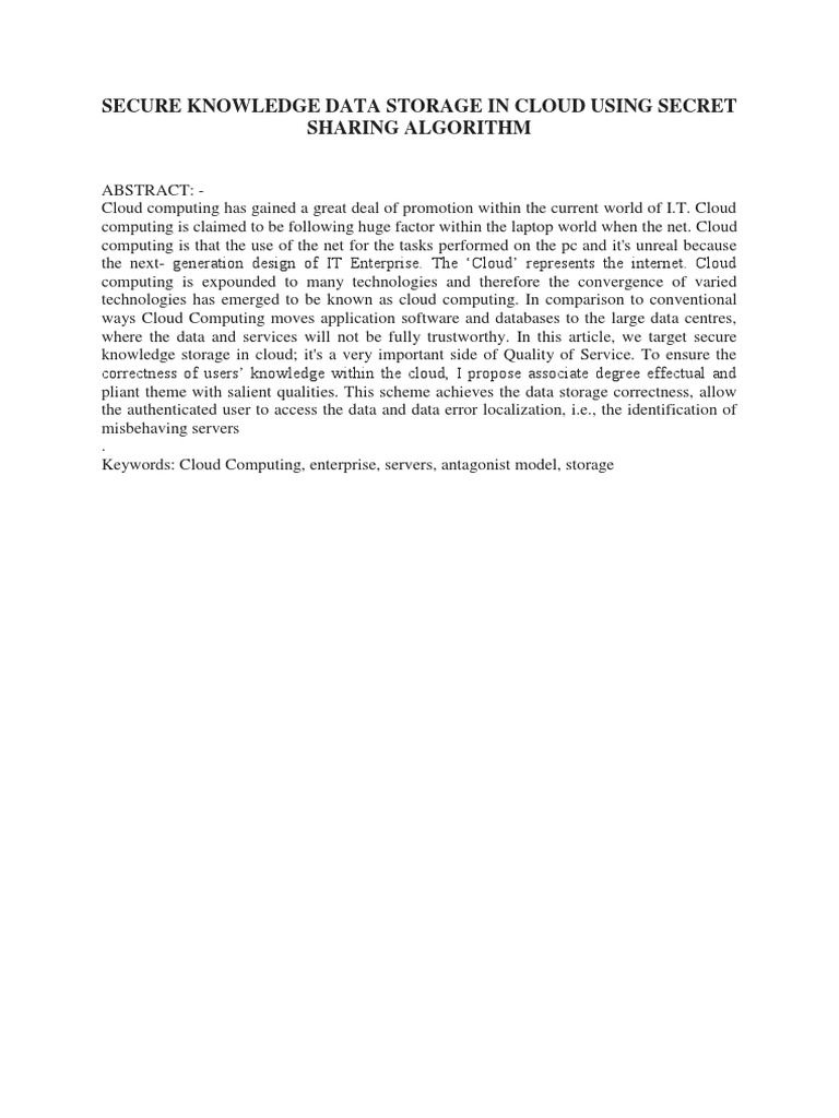 Secure Knowledge Data Storage in Cloud Using Secret Sharing Algorithm ...