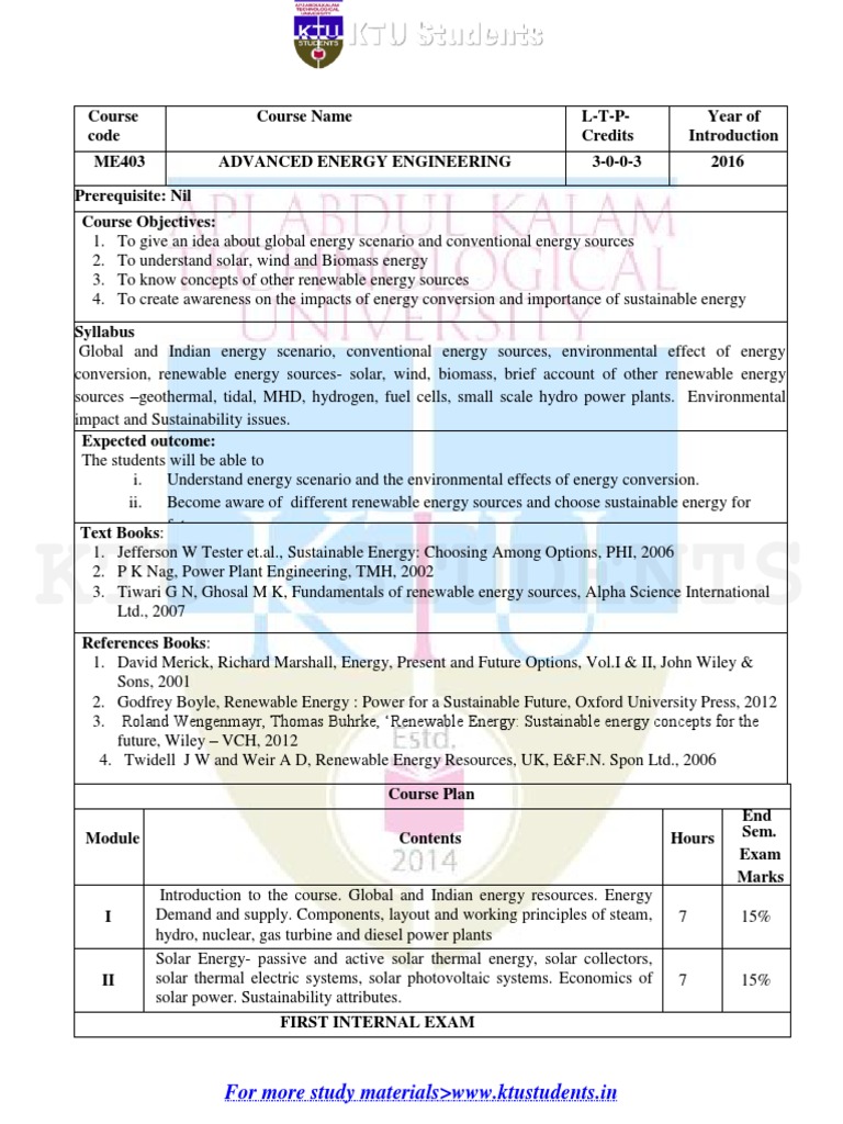 Advanced Energy Engineering Course Guide | PDF | Electricity Generation ...