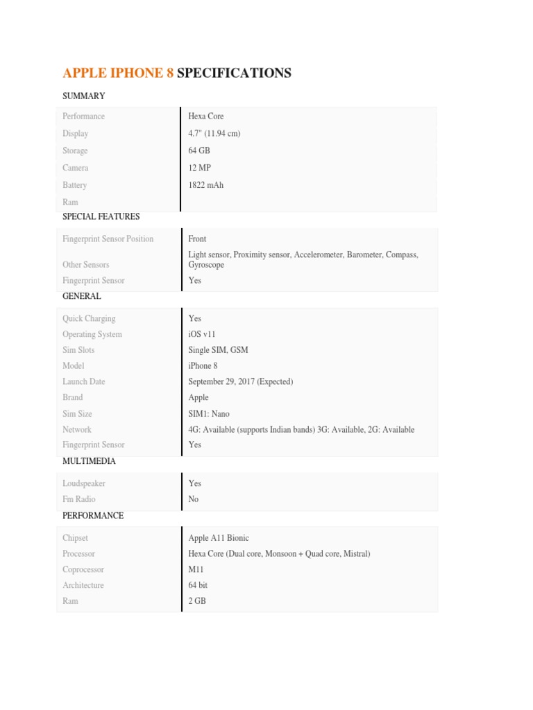 Apple Iphone 8 Specifications | PDF | I Phone | Wi Fi