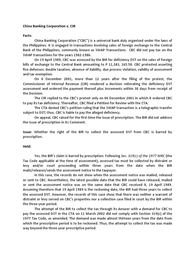 China Banking Corporation v. CIR Facts PDF Statute Of Limitations