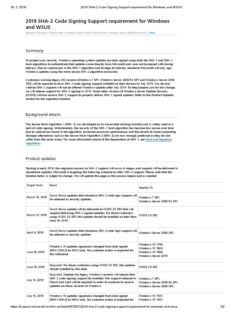 2019 SHA-2 Code Signing Support Requirement For Windows and WSUS | PDF ...