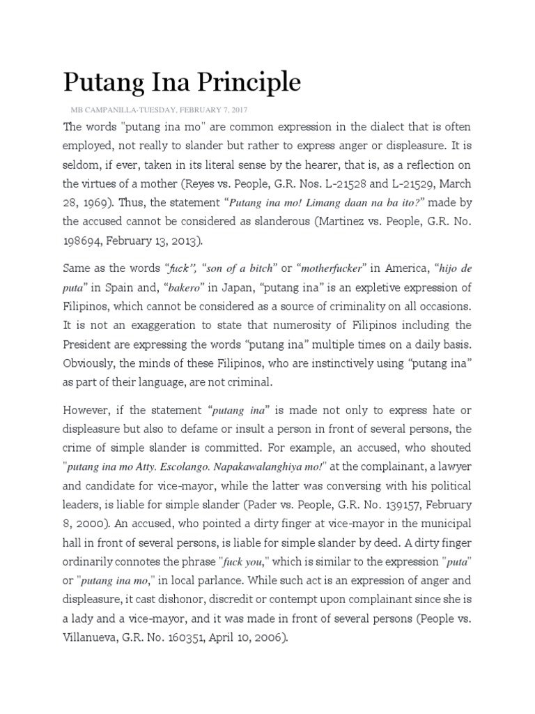Putang Ina Principle | Defamation | Virtue