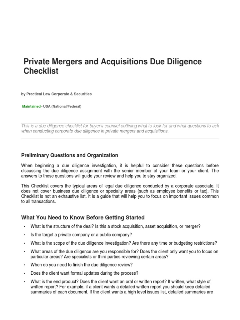 Private Mergers and Acquisitions Due Diligence Checklist: Preliminary ...