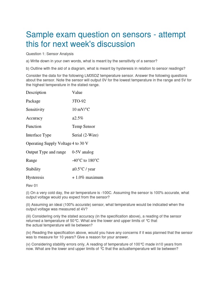 Sample Exam Question On Sensors PDF