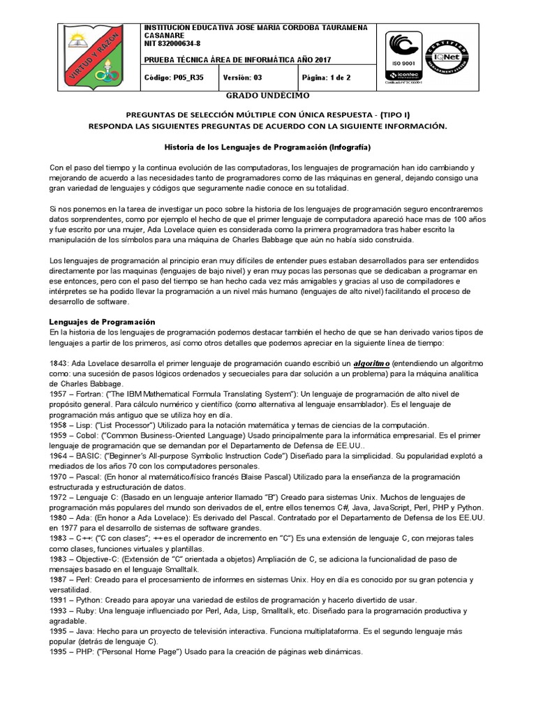 Prueba Tipo Icfes Undecimo 3p | PDF | Lenguaje de programación | C ...