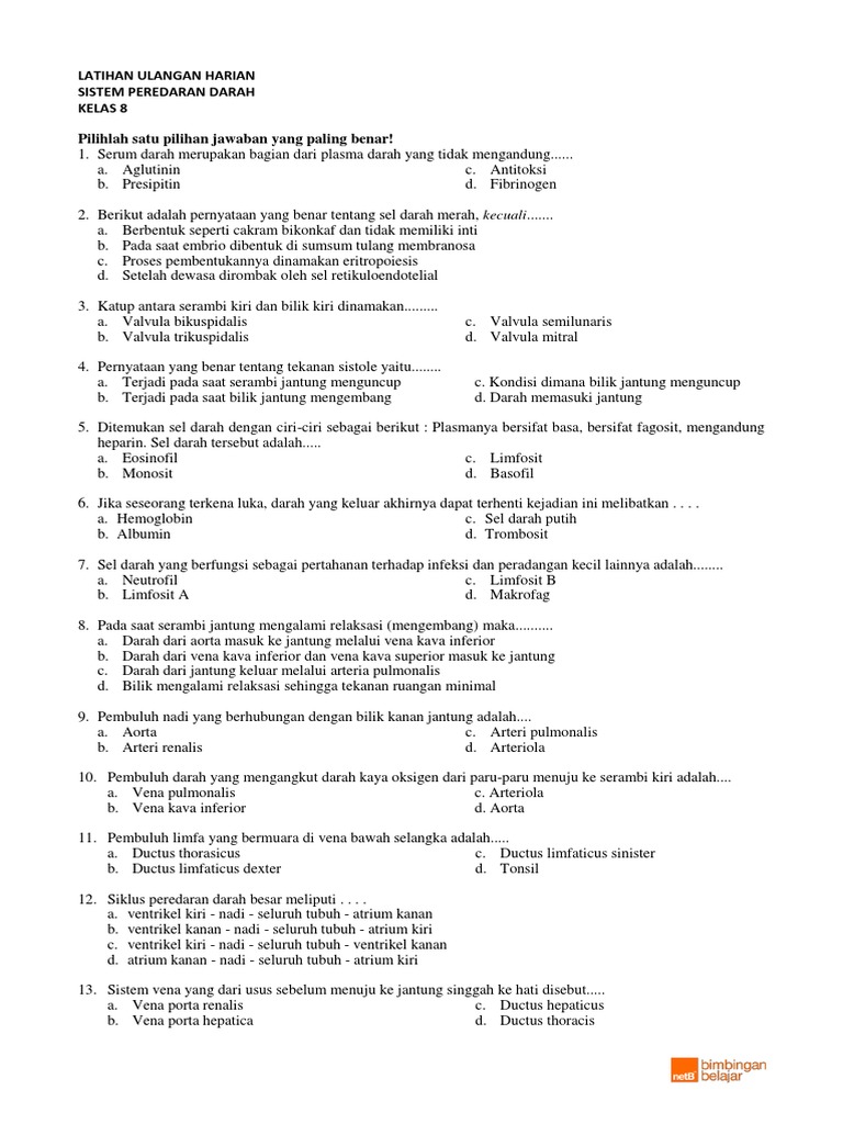 Latihan Soal Sistem Peredaran Darah Kelas 8