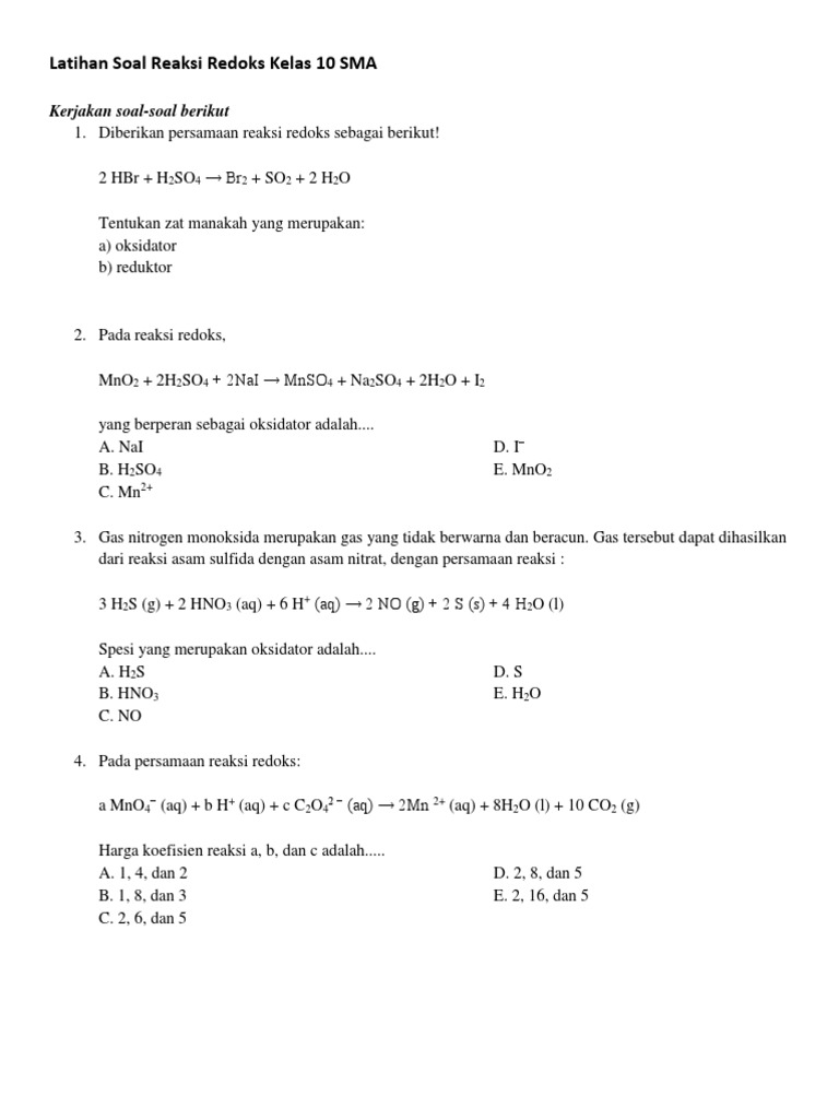 Latihan Soal Reaksi Redoks Kelas 10 Sma
