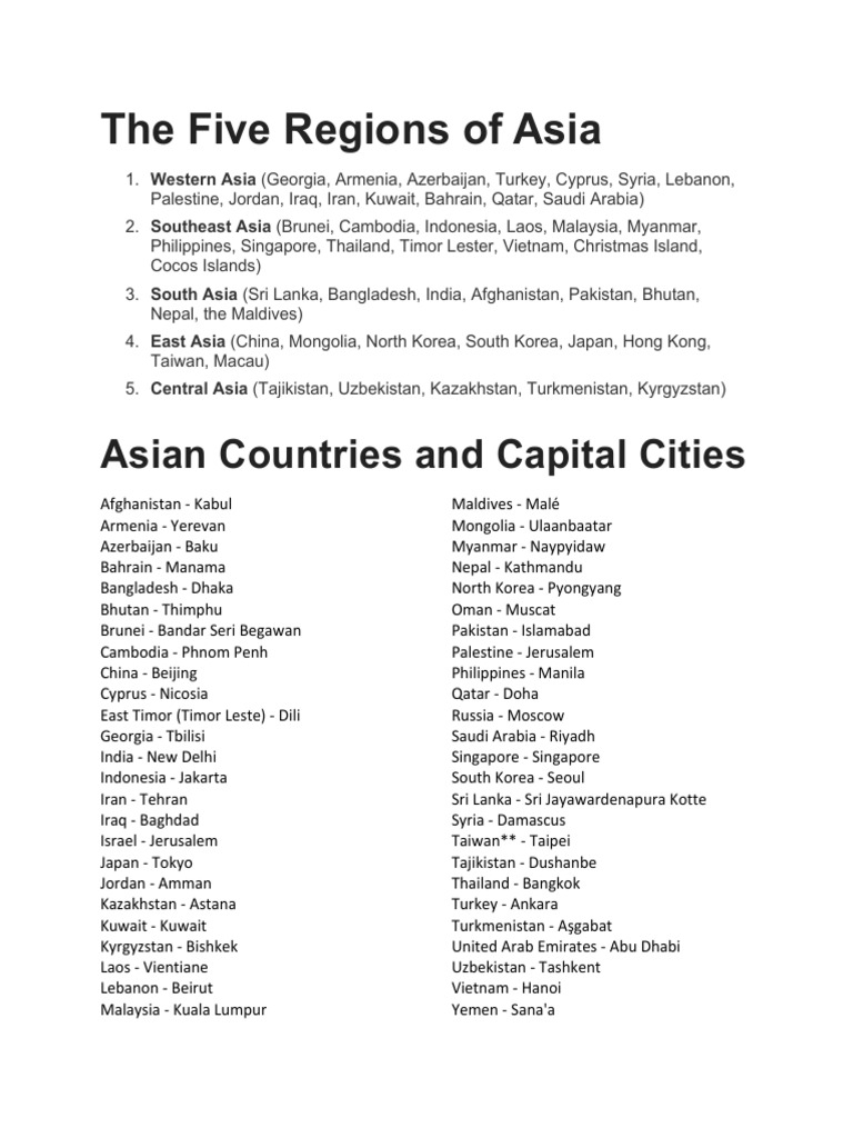 The Five Regions of Asia: Asian Countries and Capital Cities | PDF ...