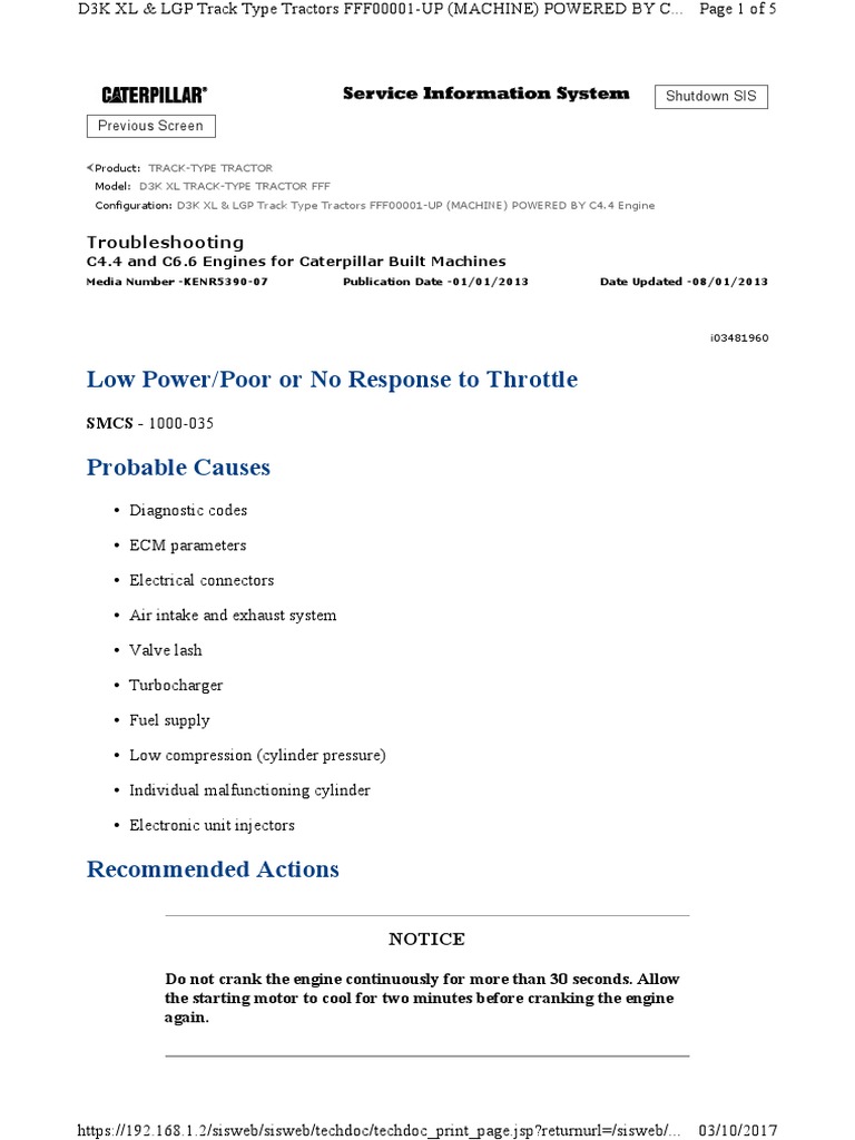 Low Power/Poor or No Response To Throttle Probable Causes Shutdown SIS