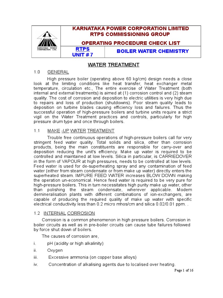 Rtps Unit 7 Boiler Water Chemistry PDF Corrosion Boiler