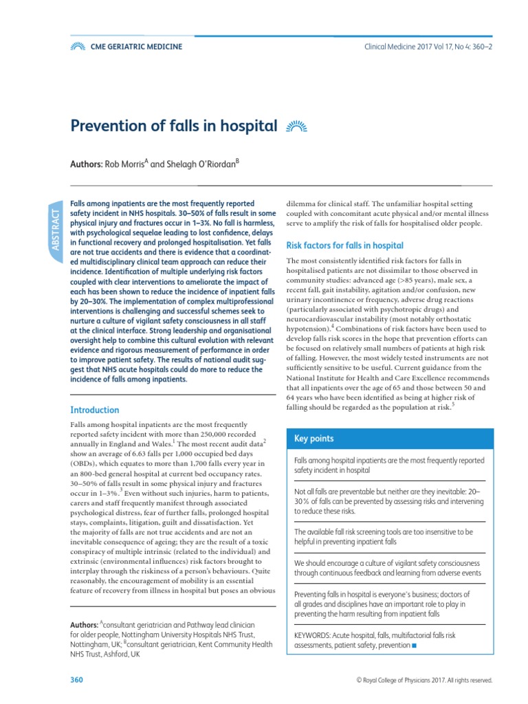 Prevention of Falls in Hospital: Authors: Rob Morris | PDF | Patient ...