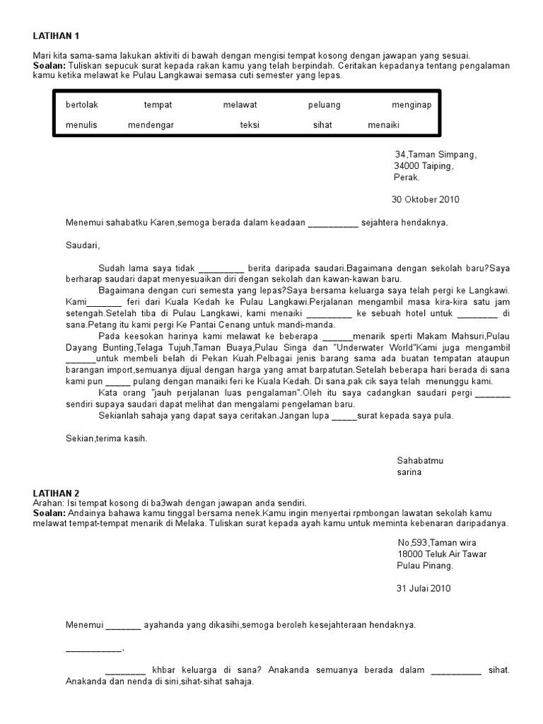 Contoh Latihan Surat Kiriman Tidak Rasmi Letter 7saudara Com