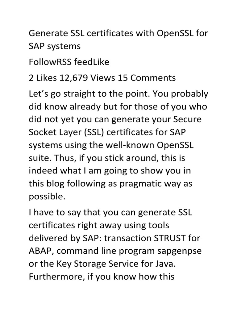 Generate SSL Certificates for SAP with OpenSSL | PDF | Transport Layer ...