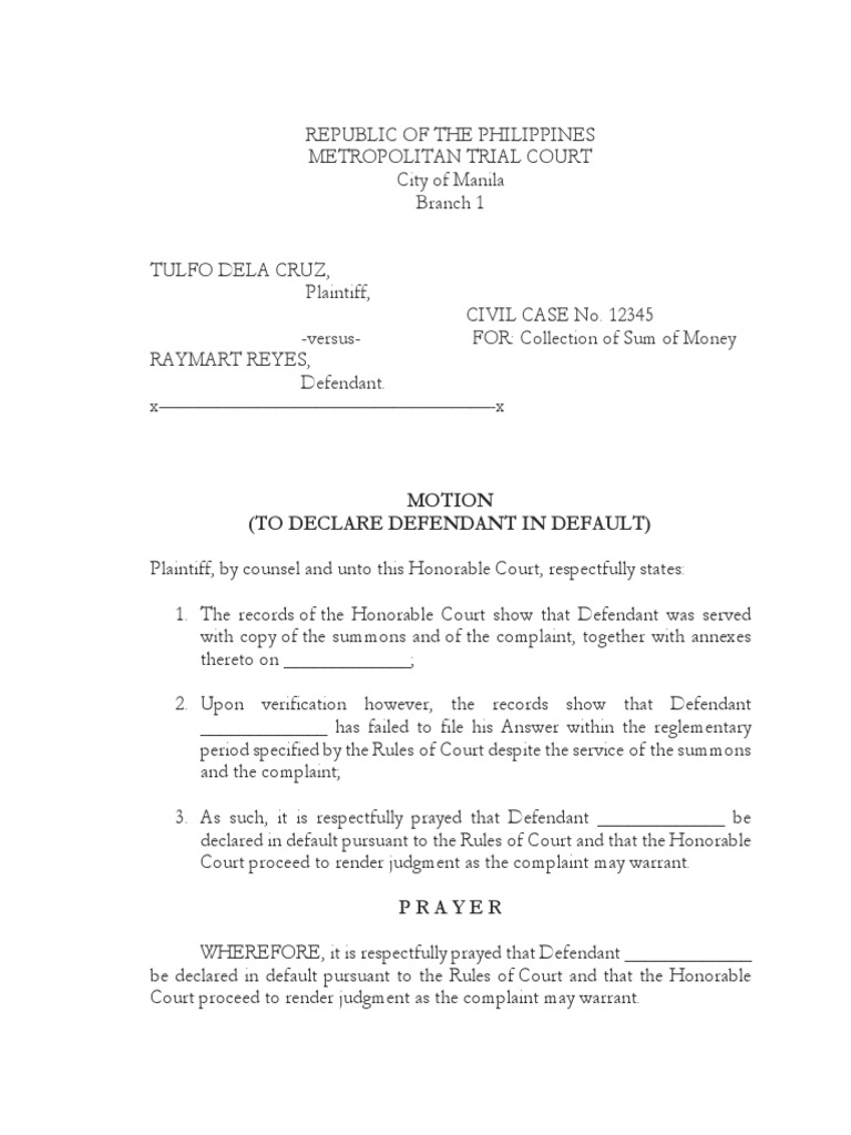 Motion To Declare Defendant in Default PDF