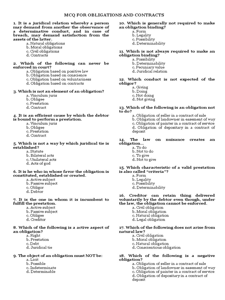 Mcq for Obligations and Contracts Damages Legal Liability Free 30