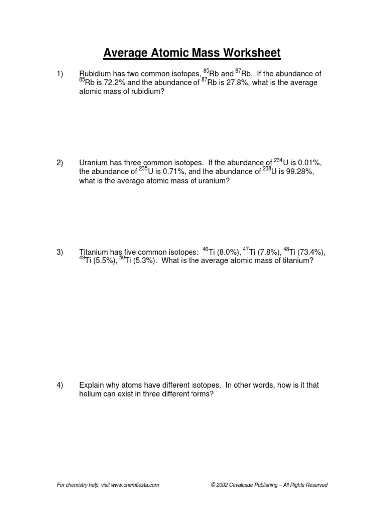 Average Atomic Mass Worksheet  PDF Intended For Average Atomic Mass Worksheet Answers