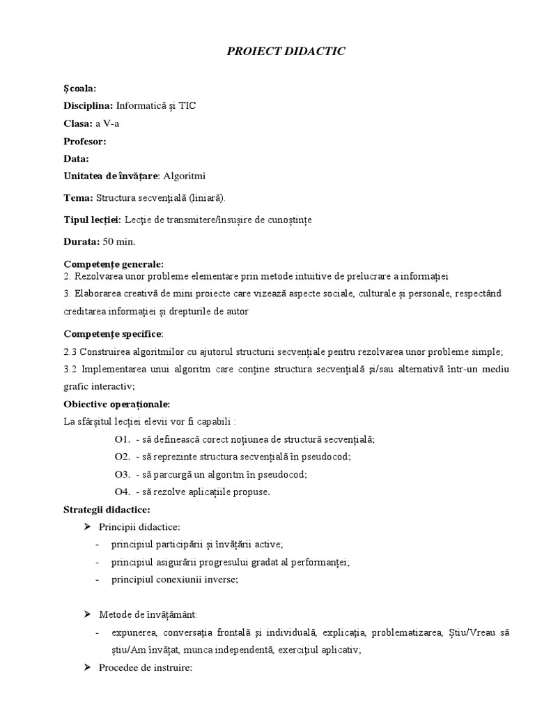 Proiect Didactic Disciplina Informatica, Clasa A V-A | PDF