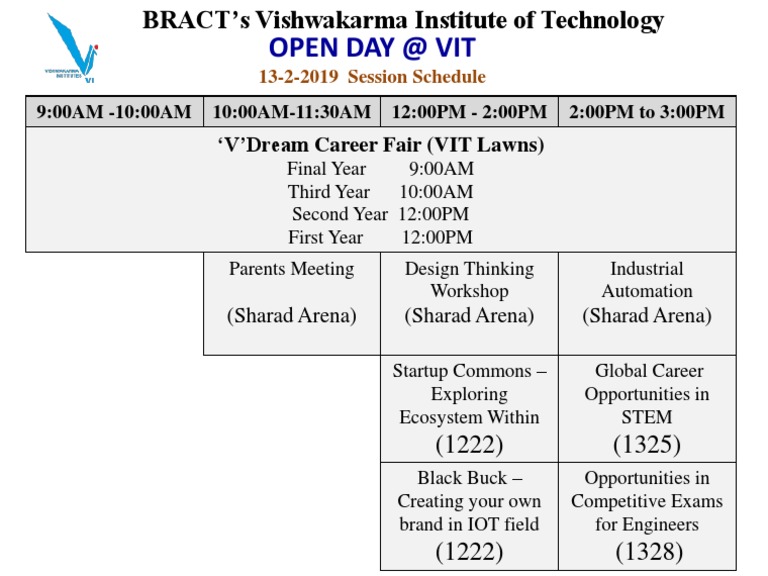 VIT Open Day Session Schedule | PDF | Technology & Engineering