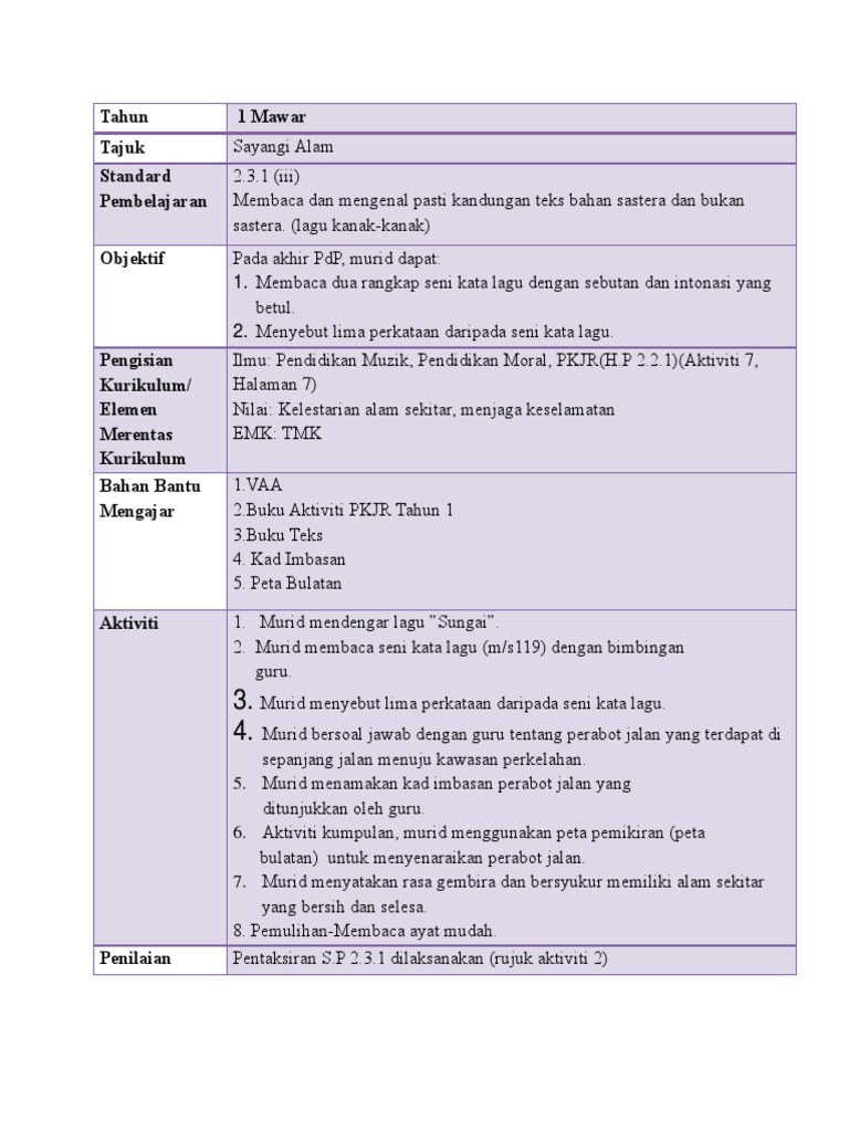 Contoh Rph Tahun 1 Pkjr Pdf