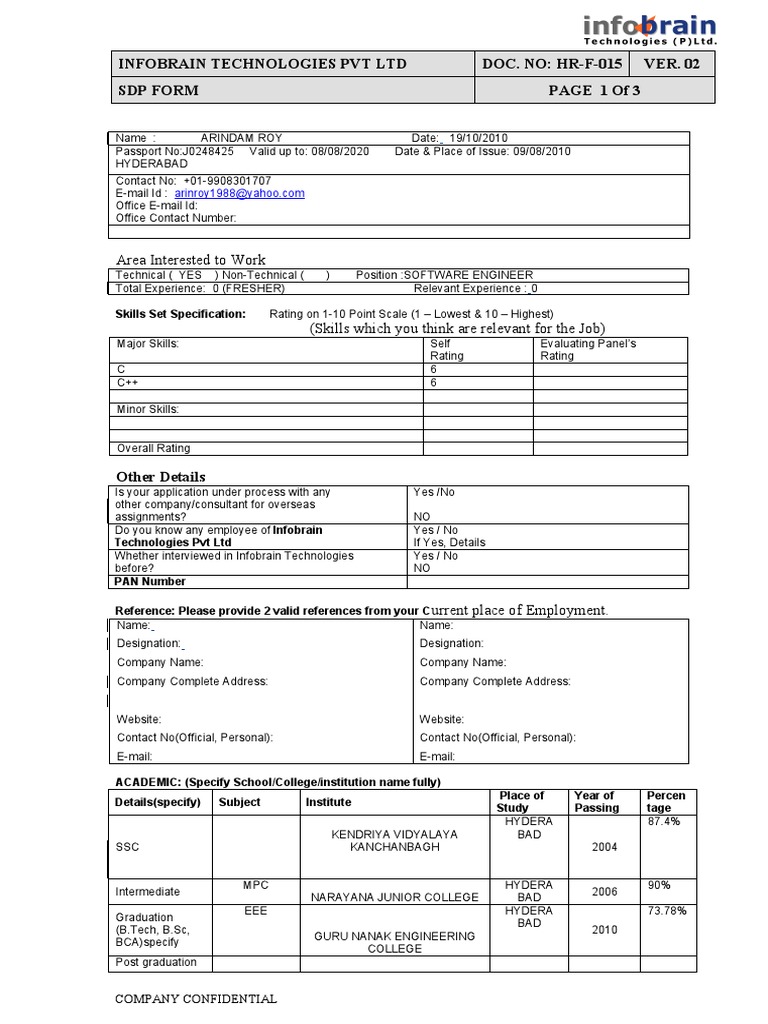 Hr F 015 Sdp Form Pdf Business