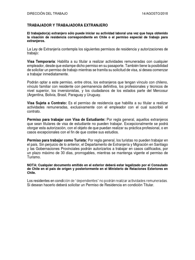 Requisitos Contrato A Extranjeros en Chile | PDF | Extranjero (Ley ...
