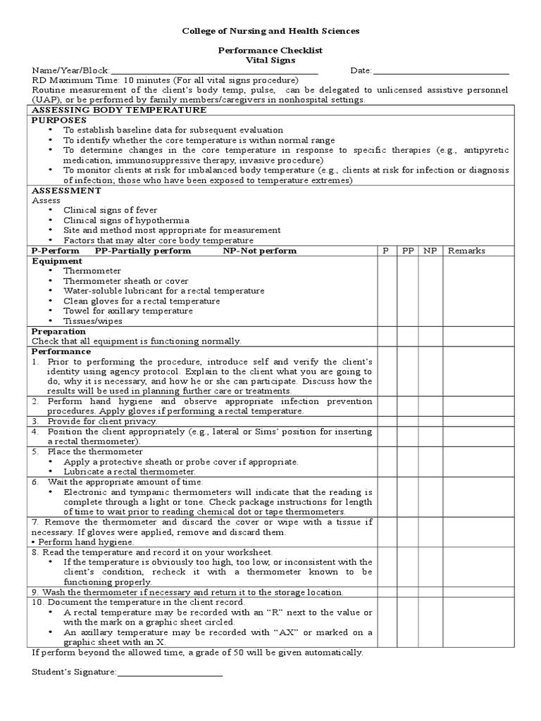 Vital Signs Performance Checklist | PDF | Blood Pressure | Pulse