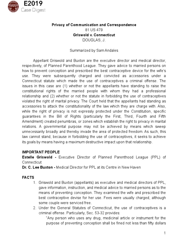 Griswold V Connecticut PDF PDF First Amendment To The United States