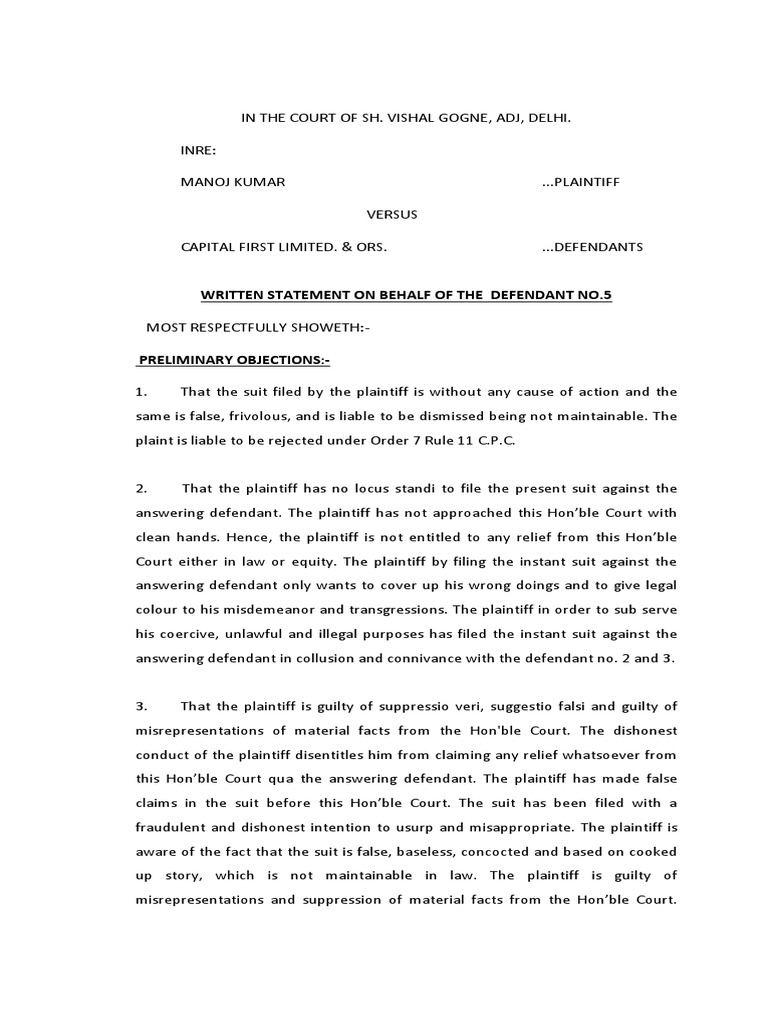 Written Statement-Manoj Kumar-Capital First-Suresh Dayal-Deepak Chabbra ...