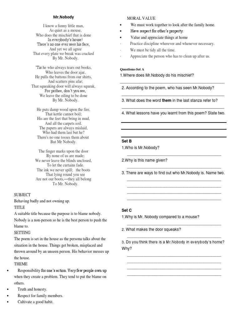 MR - Nobody: Questions-Set A | PDF