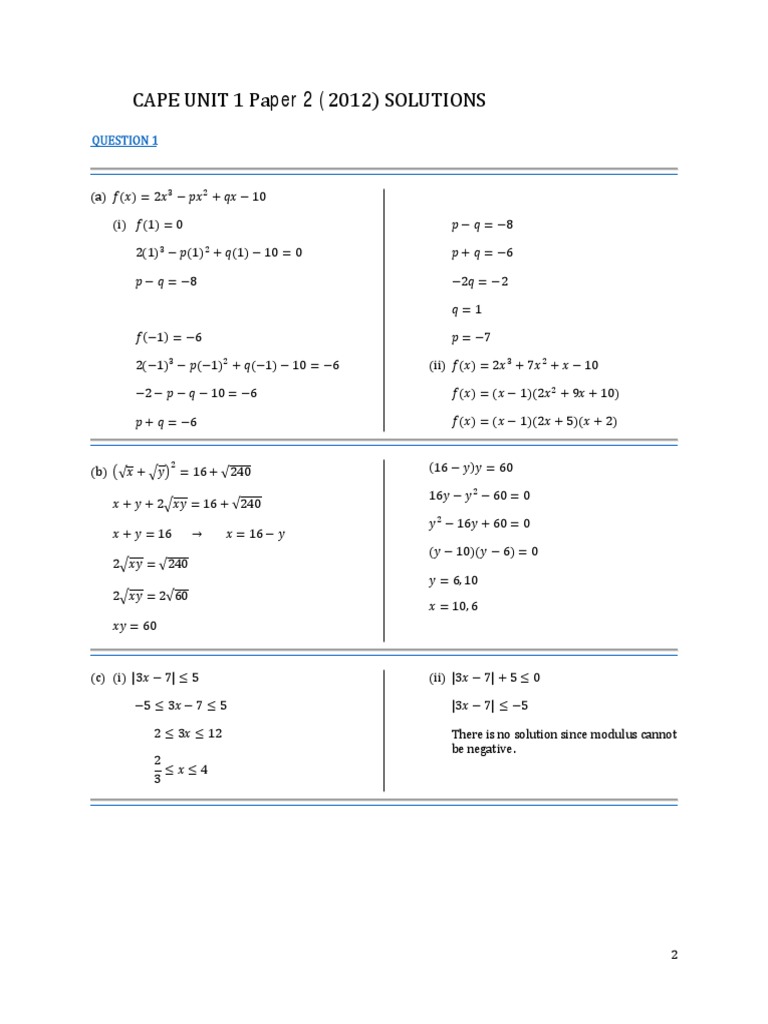 CAPE Unit 1 Paper 2 Solutions 2012 | PDF | Teaching Mathematics | Nature