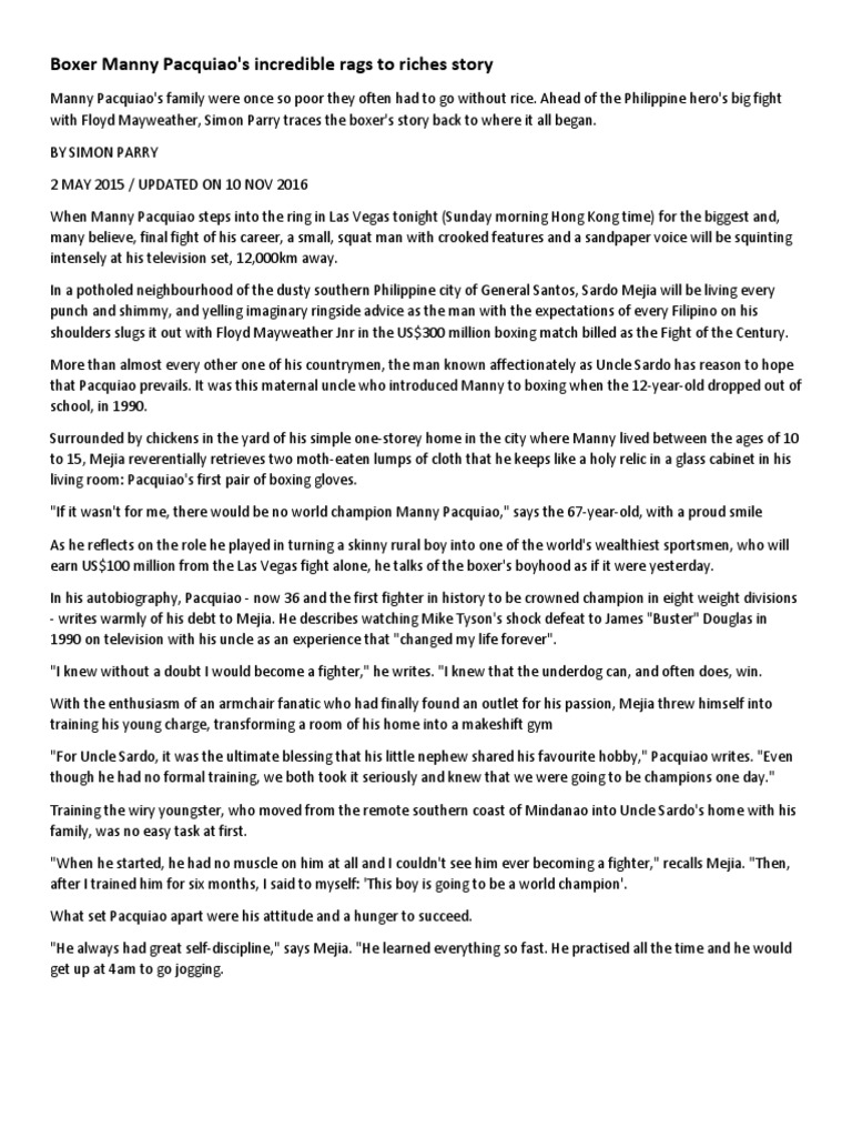 Boxer Manny Pacquiao Rags To Riches Story Pdf Leisure Sports