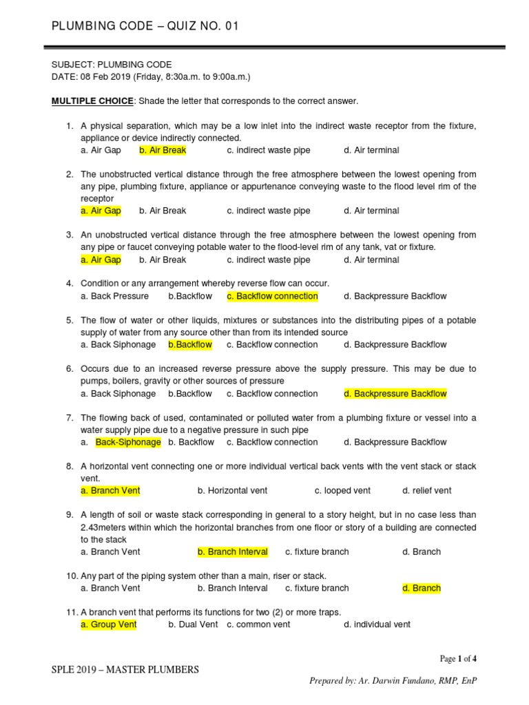SPLE Plumbing Code Quiz No. 01 Answer Key PDF Plumbing