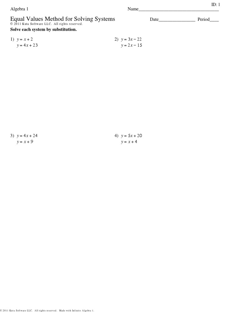 Algebra 1 Equal Values Method For Solving Systems PDF Algebra