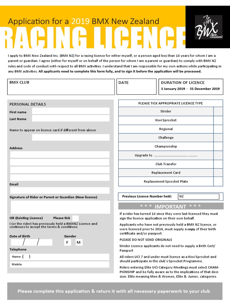 BMX New Zealand Racing Licence Application | PDF | Official Documents ...