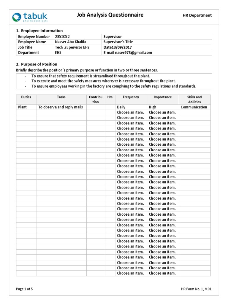 Job Analysis for EHS Tech Supervisor | PDF | Performance Appraisal ...